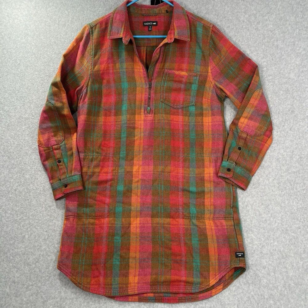 Toad & Co Dress Womens Medium Plaid Flannel 1/4 Zip Pullover CabinCore Outdoor
